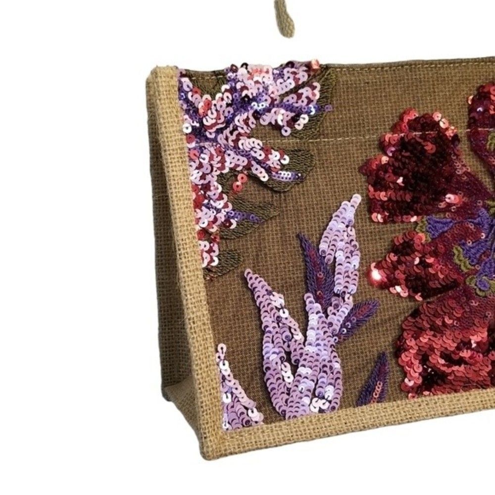 Sequin Embroidery Floral Stitching Linen Tote Bag NWT - Picture 7 of 13